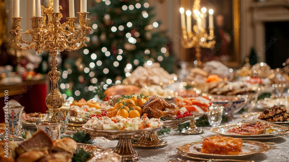 Close-Up of Grand Feast Table with Hanukkah and Christmas Foods Close-Up of Grand Feast Table with Hanukkah and Christmas Foods