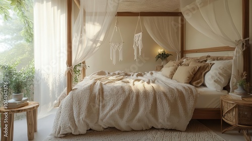 Photorealistic boho bedroom decor, canopy bed with textured linens, wooden side table, macrame plant hangers, soft ambient lighting, neutral tones, wideangle view