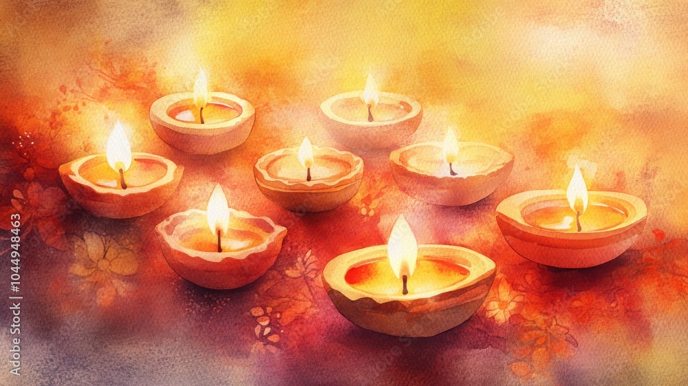 Multiple Diya lamps glowing on a rich watercolor background, surrounded by floral patterns in gold, red, and orange for a warm Diwali celebration. Diwali Multiple Diya lamps glowing on a rich watercolor background, surrounded by floral patterns in gold, red, and orange for a warm Diwali celebration. Diwali