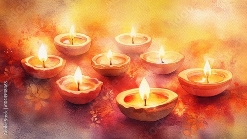 Multiple Diya lamps glowing on a rich watercolor background, surrounded by floral patterns in gold, red, and orange for a warm Diwali celebration. Diwali