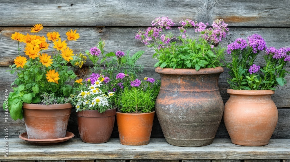Fototapeta premium Colorful Potted Plants on Wooden Background