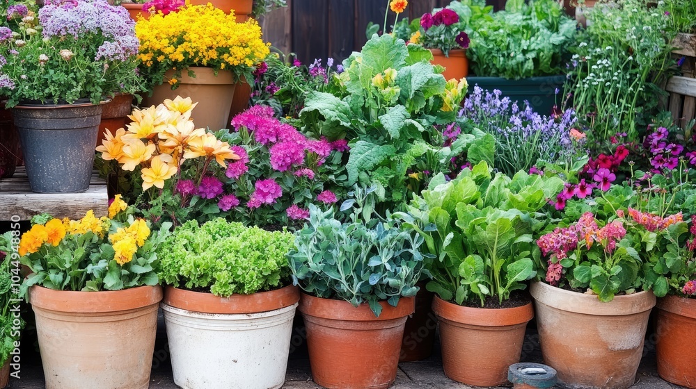 Vibrant Flower and Greenery Display in Pots Vibrant Flower and Greenery Display in Pots