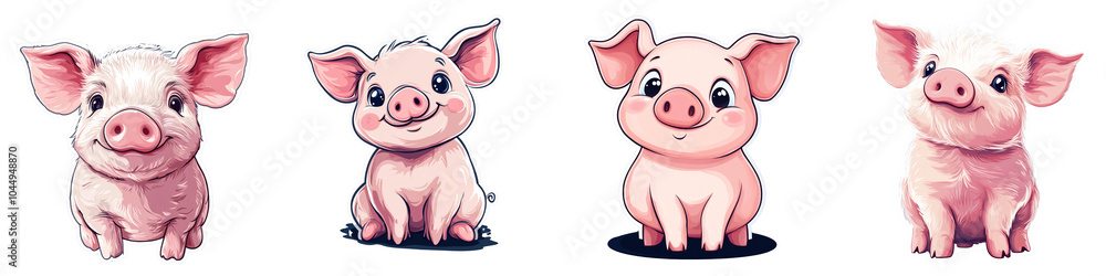 Cute and playful cartoon pigs with various expressions, showcasing their adorable features and charm. These charming characters evoke joy and warmth, perfect for childrens illustrations or playful Cute and playful cartoon pigs with various expressions, showcasing their adorable features and charm. These charming characters evoke joy and warmth, perfect for childrens illustrations or playful