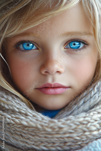 A little girl with blue eyes wrapped in a scarf