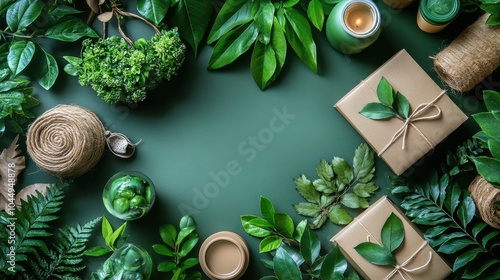 Eco-Friendly Gift Wrapping with Natural Leaves and Sustainable Materials on Green Background