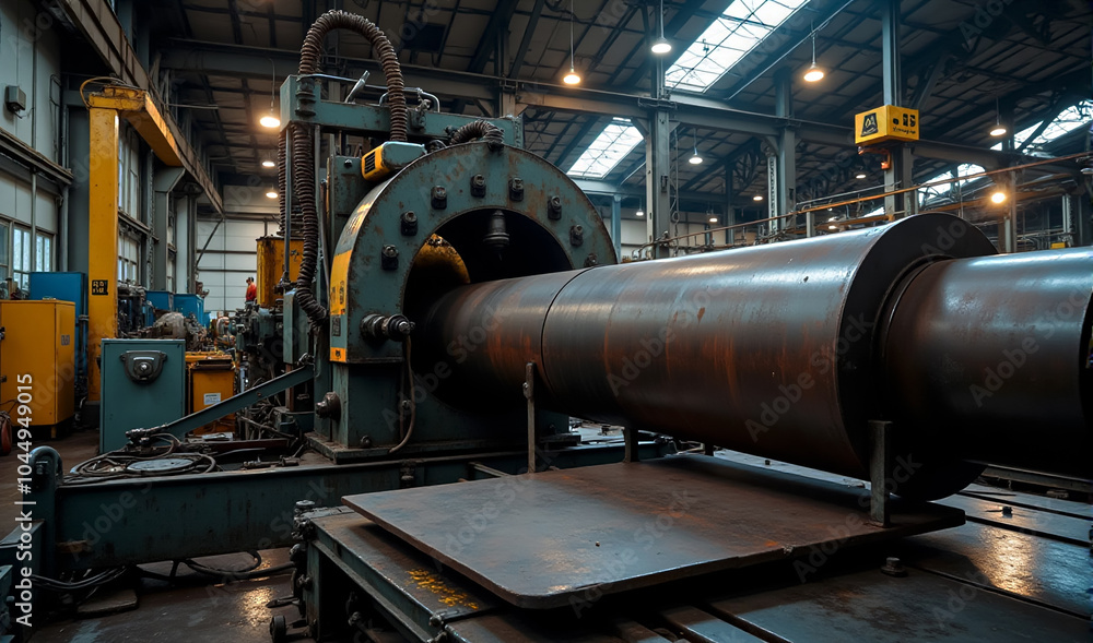 A large industrial machine designed for bending metal pipes and plates, stationed in a busy workshop A large industrial machine designed for bending metal pipes and plates, stationed in a busy workshop