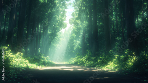 serene forest scene with sunlight filtering through tall trees, creating tranquil atmosphere. lush greenery and soft light evoke sense of peace and connection with nature