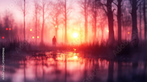 serene sunset scene with silhouette of person walking through misty landscape, surrounded by trees and reflecting water. warm colors evoke sense of calm and tranquility