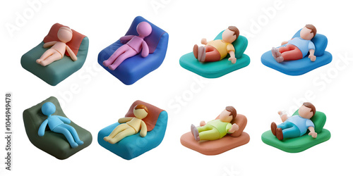 Colorful Cartoon Characters on Bean Bags Relaxing, PNG collection, set bundle, isolate on transparent or white background