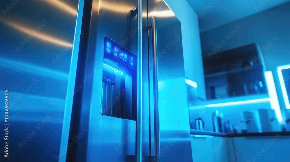 Modern Refrigerator with Blue Light in Kitchen Setting Modern Refrigerator with Blue Light in Kitchen Setting