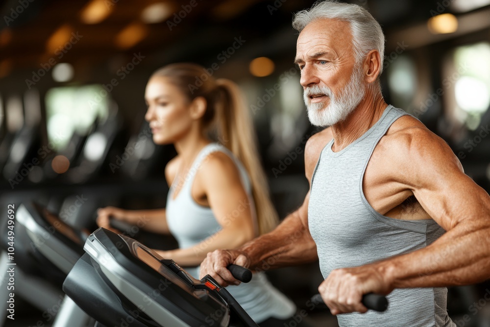 Fototapeta premium Two men in orange shirts are sitting on stationary bike. fit older man and another person workout diligently on treadmills at a gym, determination in maintaining an active lifestyle regardless of age