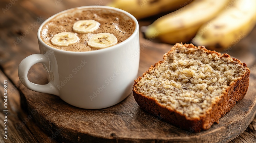 Coffee and Banana Bread on Rustic Wooden Table Coffee and Banana Bread on Rustic Wooden Table