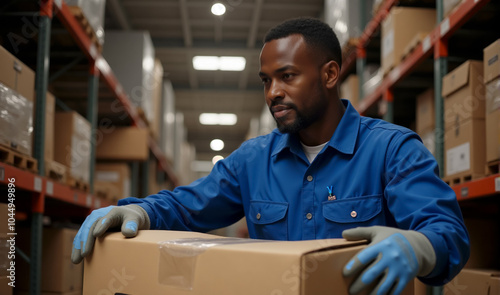 Close up African American male warehouse worker carefully handling a box in a stockroom aisle. He is dressed in a blue uniform and safety gloves