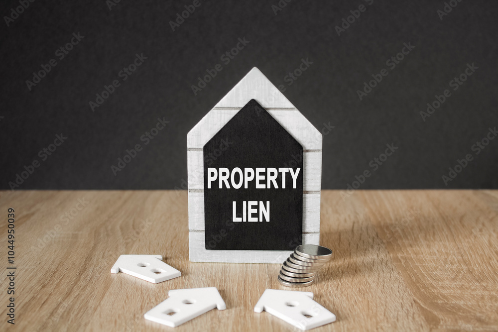 Concept words Property Lien on black blackboard. Beautiful wooden table, black background. A stack of coins. Business concept.