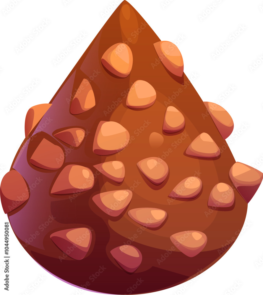 Chocolate candy or confectionery sweet dessert with nuts, vector icon. Chocolate confection with nougat or caramel syrup with almond or walnut crushed nuts or cacao sprinkles for pastry food Chocolate candy or confectionery sweet dessert with nuts, vector icon. Chocolate confection with nougat or caramel syrup with almond or walnut crushed nuts or cacao sprinkles for pastry food