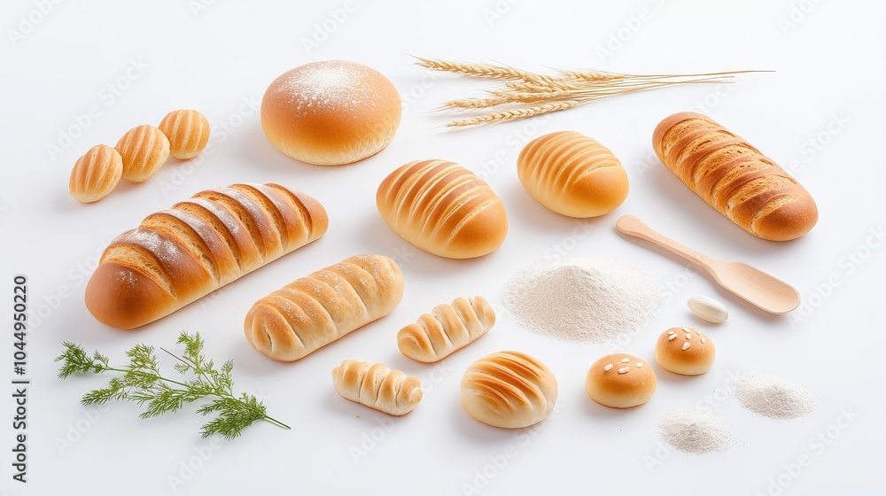 A collection of handmade rustic breads with pastel-colored ingredients such as yeast, flour, and fresh herbs on a pristine white background. A collection of handmade rustic breads with pastel-colored ingredients such as yeast, flour, and fresh herbs on a pristine white background.