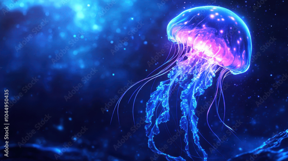 vibrant jellyfish glows in deep blue waters, showcasing its ethereal beauty with flowing tentacles and luminescent colors. This mesmerizing creature captivates with its graceful movement vibrant jellyfish glows in deep blue waters, showcasing its ethereal beauty with flowing tentacles and luminescent colors. This mesmerizing creature captivates with its graceful movement