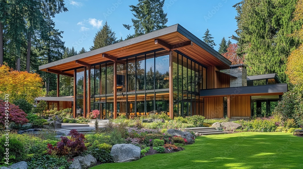 Modern Home Surrounded by Lush Greenery and Trees Modern Home Surrounded by Lush Greenery and Trees
