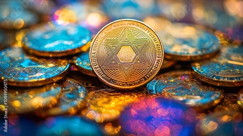 Close-Up of Hanukkah Gelt and Christmas Baubles on Rich Table photo