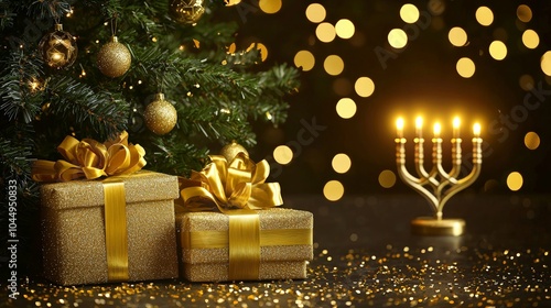 Golden Christmas Presents and Glowing Menorah Beside Tree