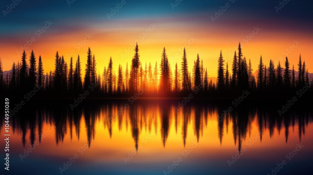 stunning sunset over tranquil lake, with silhouettes of tall pine trees reflecting on waters surface. vibrant colors create serene and peaceful atmosphere stunning sunset over tranquil lake, with silhouettes of tall pine trees reflecting on waters surface. vibrant colors create serene and peaceful atmosphere