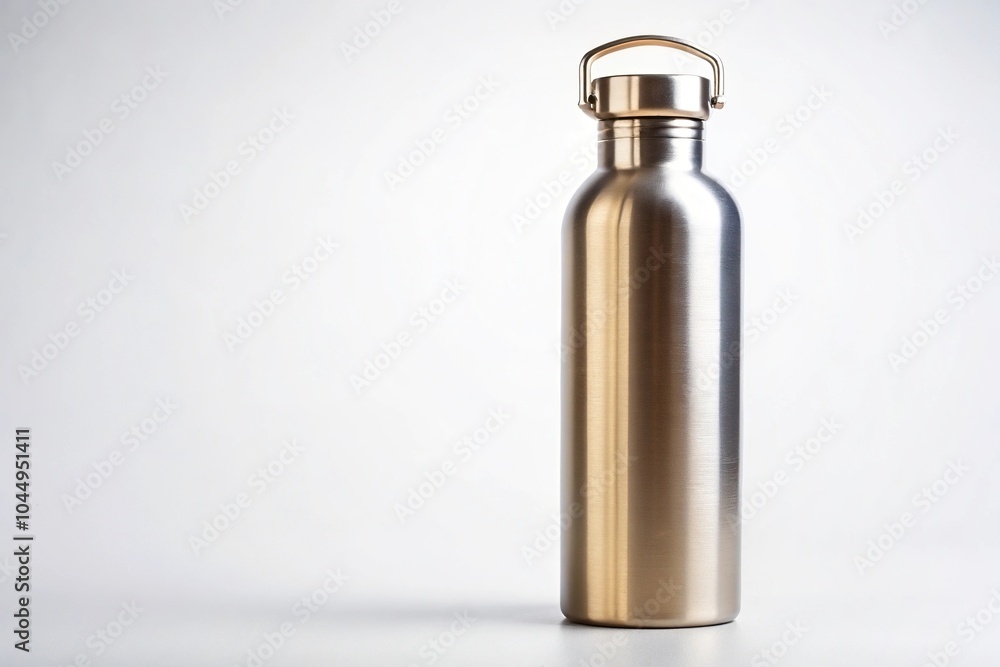 Sleek stainless steel water bottle on white background for hydration Sleek stainless steel water bottle on white background for hydration