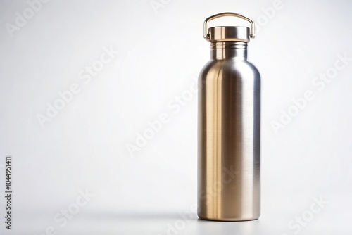 Sleek stainless steel water bottle on white background for hydration