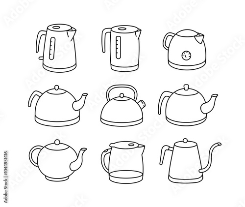 Various Styles of electric kettle - Editable Line Art Vector Illustration