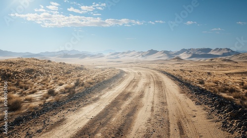 A winding sandy track stretches through an empty desert landscape, characterized by rugged terrain and distant mountains under a clear blue sky. Perfect for adventure seekers. photo