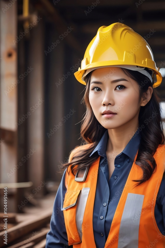 Asian woman engineer wearing hard hat and safety vest posing in a factory Asian woman engineer wearing hard hat and safety vest posing in a factory
