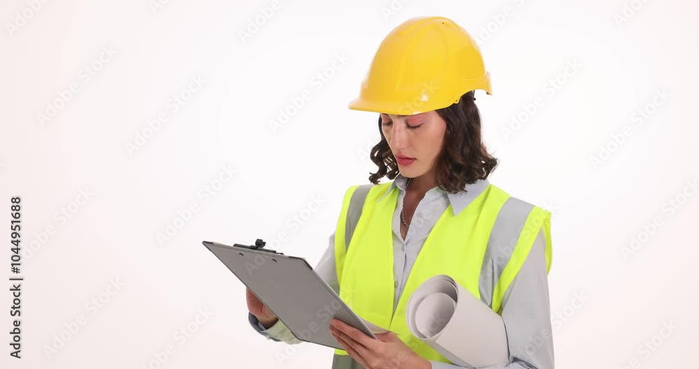 Busy woman engineer reads papers on clipboard against white wall. Young female in safety helmet and vest engages in paperwork working on project Busy woman engineer reads papers on clipboard against white wall. Young female in safety helmet and vest engages in paperwork working on project