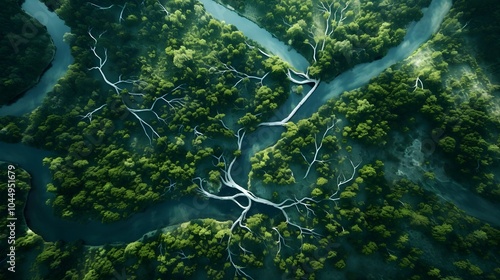An intricate network of river tributaries flows through lush forests in the Ariel top-down view