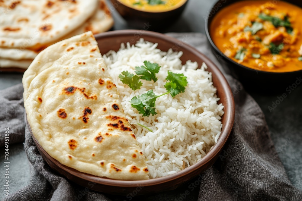 Delicious Indian Meal with Naan and Rice on Modern Fabric Background Generative AI Delicious Indian Meal with Naan and Rice on Modern Fabric Background Generative AI