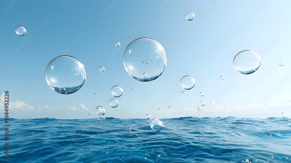 Mesmerizing close up image showcasing large water bubbles suspended in mid air against a serene ocean blue backdrop Mesmerizing close up image showcasing large water bubbles suspended in mid air against a serene ocean blue backdrop