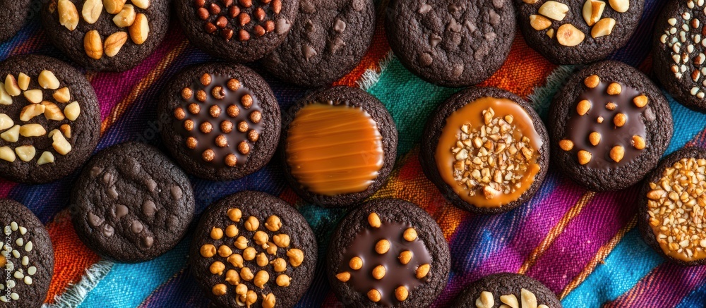 An assortment of chocolate cookies with various toppings including peanuts, caramel, and chocolate chips, arranged on a colorful striped tablecloth. An assortment of chocolate cookies with various toppings including peanuts, caramel, and chocolate chips, arranged on a colorful striped tablecloth.