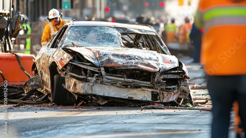 A severely damaged race car rests on the street following a major accident. Emergency responders assess the scene as debris surrounds the vehicle, reflecting the chaos of urban incidents. photo