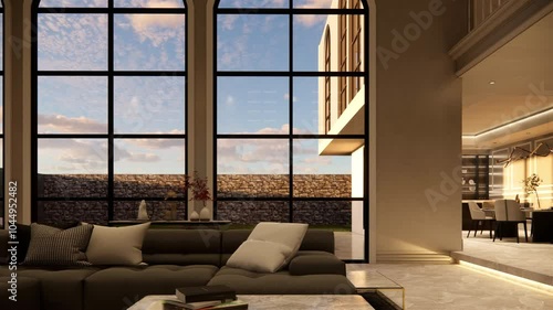 3d rendering. Interior house modern open living space with kitchen.Duplex residence.Home decoration interior design.drawing line sketch to realistic.