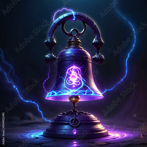 A large, intricatelydesigned, metal bell with an ornate handle sits on a dark surface. The bell is glowing with a soft purple light, and there are streaks of blue electricity around it. The bell has a photo