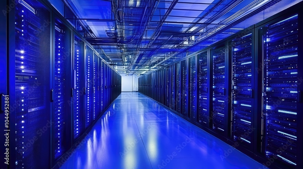 Modern Data Center with Blue Lighting and Technology Modern Data Center with Blue Lighting and Technology