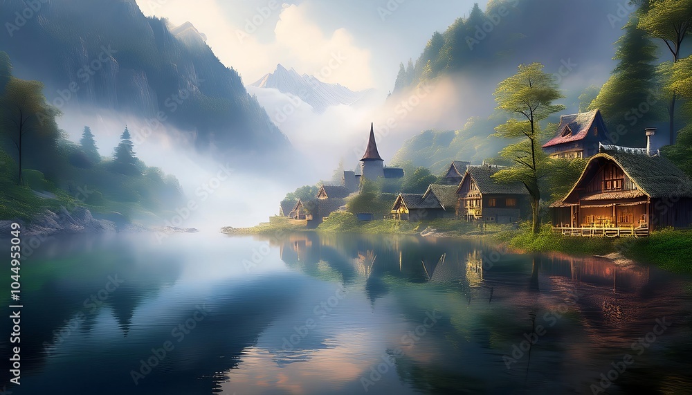 Obraz premium Small village reflecting in calm lake water at the foot of mountains