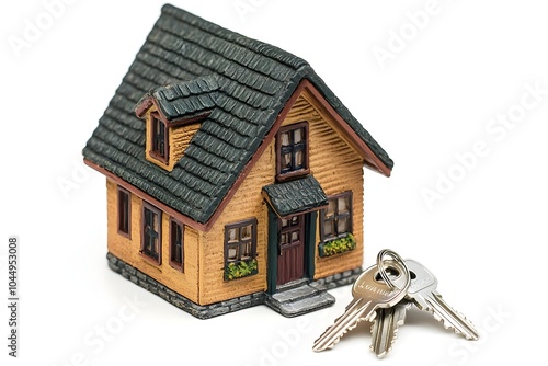 Miniature Model of a Cozy Tiny House with Silver Keys Symbolizing Real Estate Concept