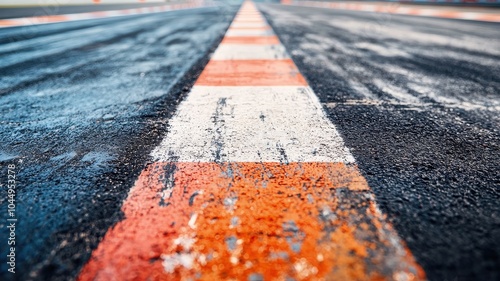 A detailed close-up image of an empty F1 track, showcasing vibrant orange and white markings on the asphalt, highlighting the unique texture and design elements. photo