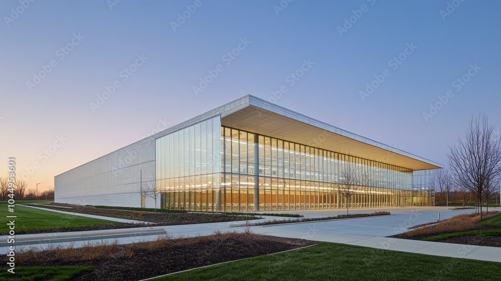 Modern Glass Building at Sunset with Clear Skies Modern Glass Building at Sunset with Clear Skies