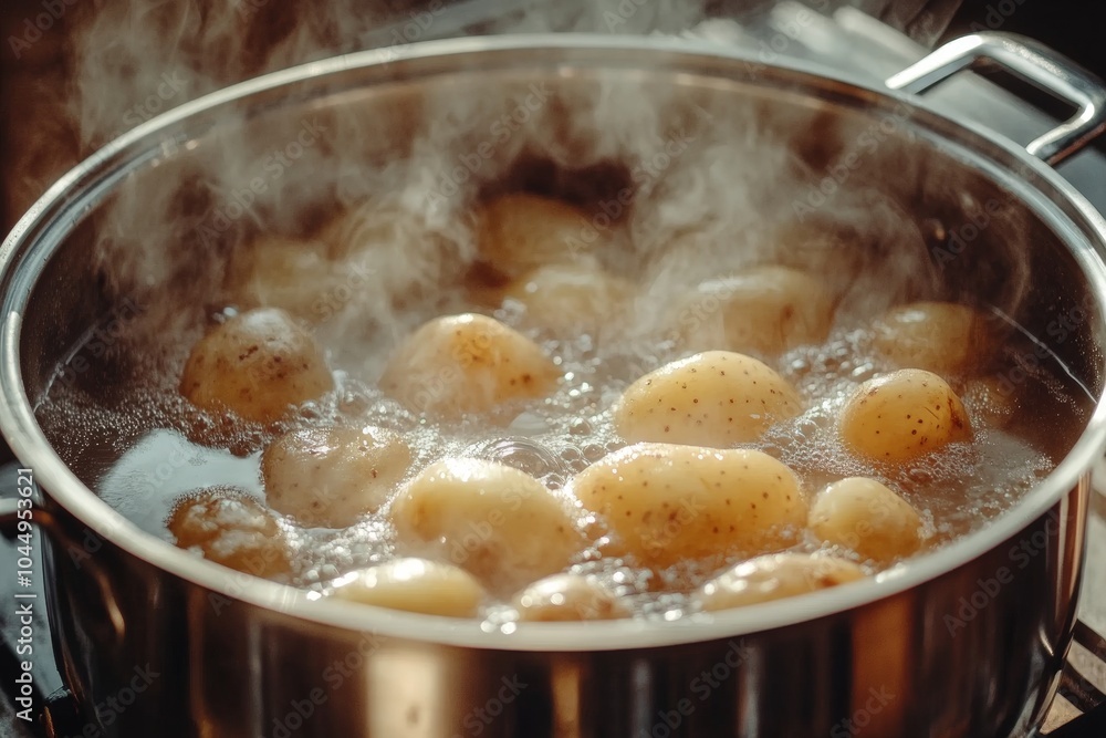 Boiling Potatoes in a Steel Pot, Close-up Detail, Cooking Concept Generative AI Boiling Potatoes in a Steel Pot, Close-up Detail, Cooking Concept Generative AI