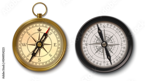 Realistic antique bronze and brass compass with wind rose arrows, vector marine navigation tool. Realistic antique compass with longitude and latitude degree in north, east, west and east direction