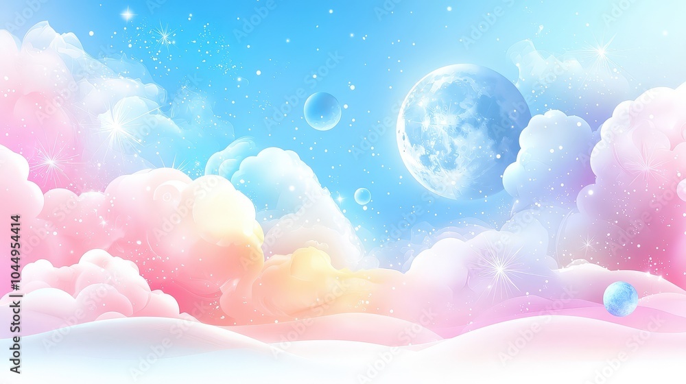 A majestic moon glowing softly in pastel hues, with stars twinkling around and planets slowly orbiting in the cosmic scene. A majestic moon glowing softly in pastel hues, with stars twinkling around and planets slowly orbiting in the cosmic scene.