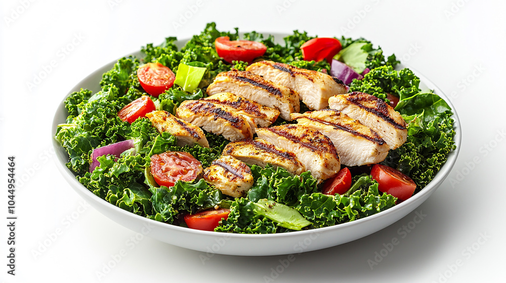 Kale salad with grilled chicken with olive oil dressing healthy food isolated on white background Kale salad with grilled chicken with olive oil dressing healthy food isolated on white background