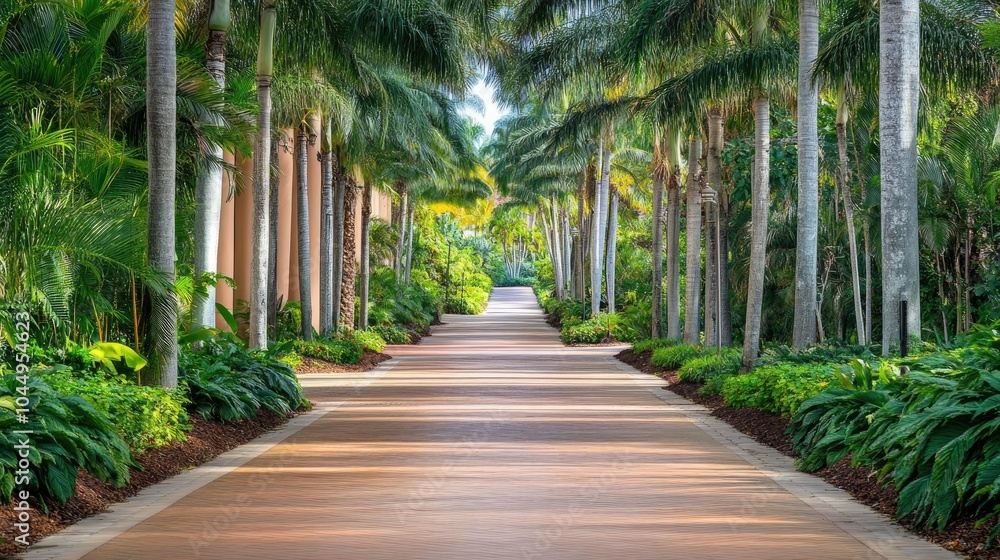Serene Pathway Through Lush Tropical Palm Trees Serene Pathway Through Lush Tropical Palm Trees