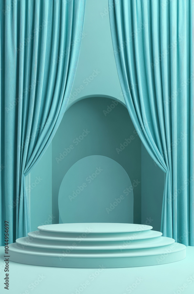 Stylish 3D Rendered Podium Draped in Muted Teal Curtains for a Calm Vibe Stylish 3D Rendered Podium Draped in Muted Teal Curtains for a Calm Vibe