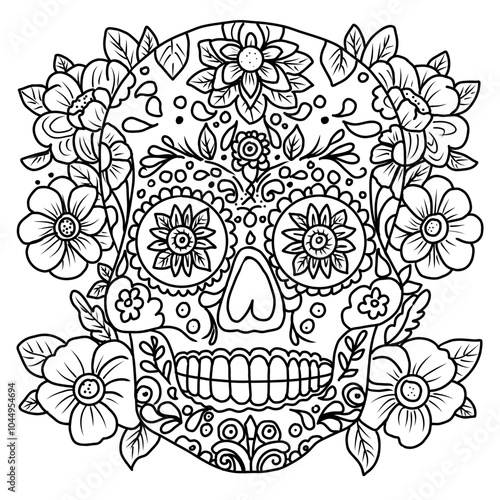 Coloring page sugar skull for adult. Hand drawn vector illustration for Day of the Dead.